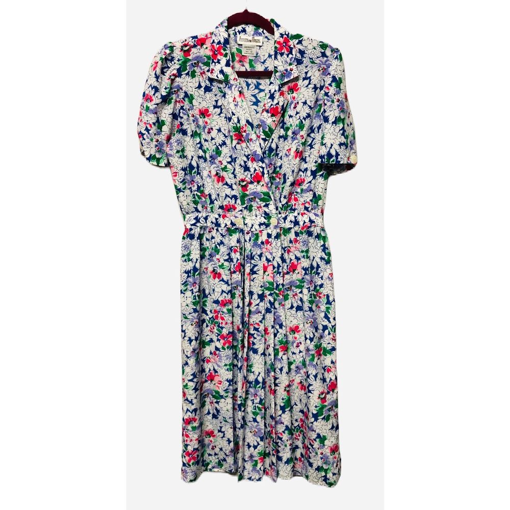 Vintage Dress Sz 12 Petites by Maggie Pleated Floral Bouquet Print Button MIDI